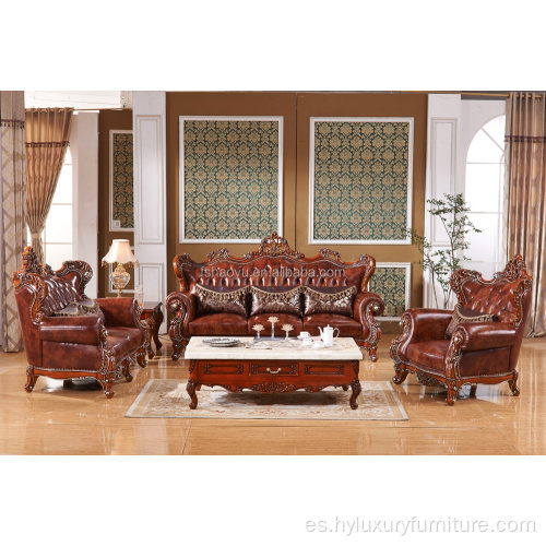 Sofás de salón de cuero europeo de madera de estilo lujoso